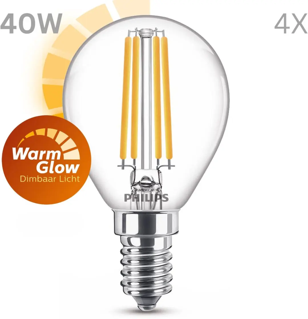 Philips LED E14 Kogellamp Warmwit 3.4W - 4 Stuks