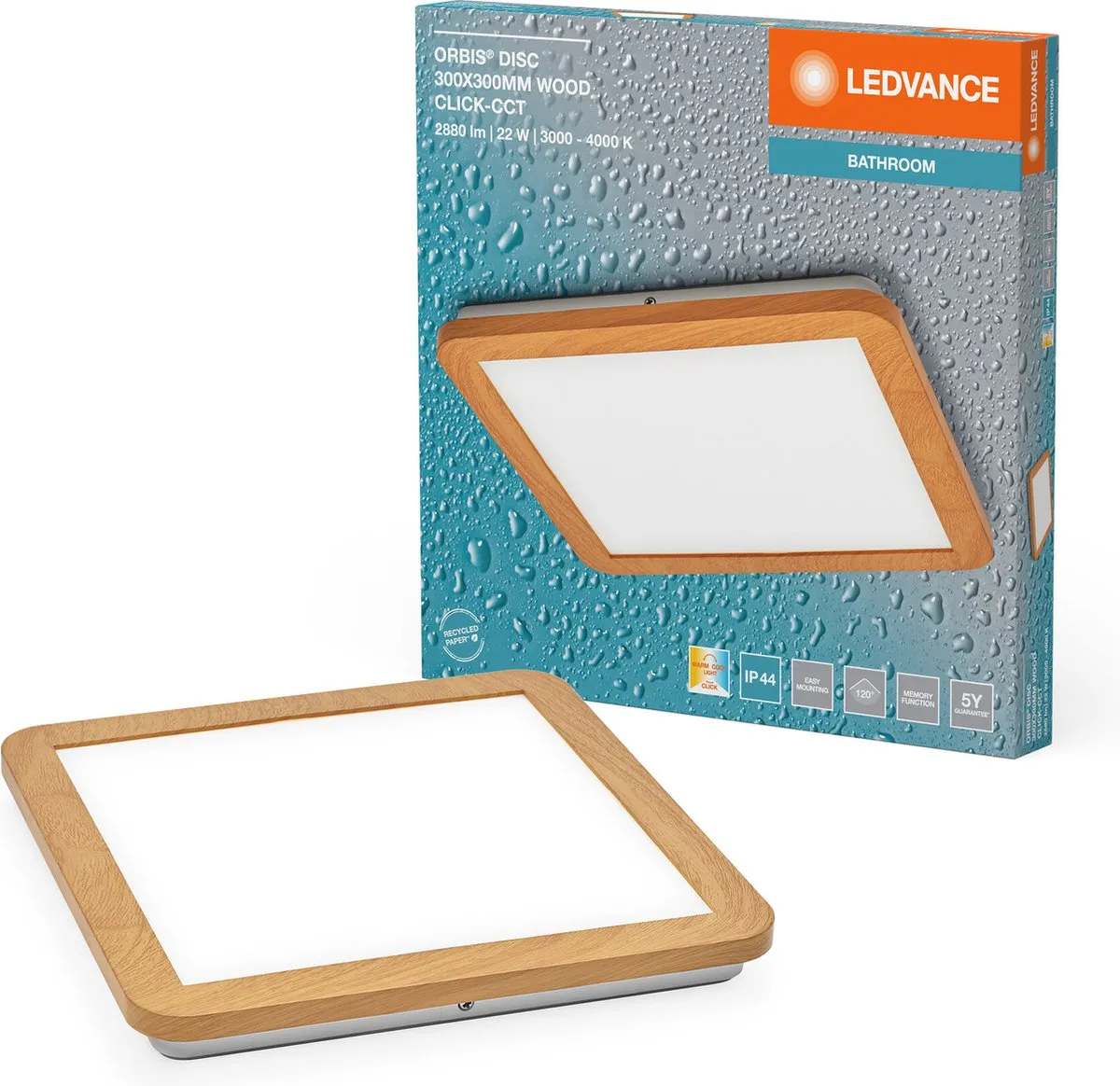 LEDVANCE Orbis Disc Wandlamp 22W 1800lm Click CCT - Hout 30x30cm IP44