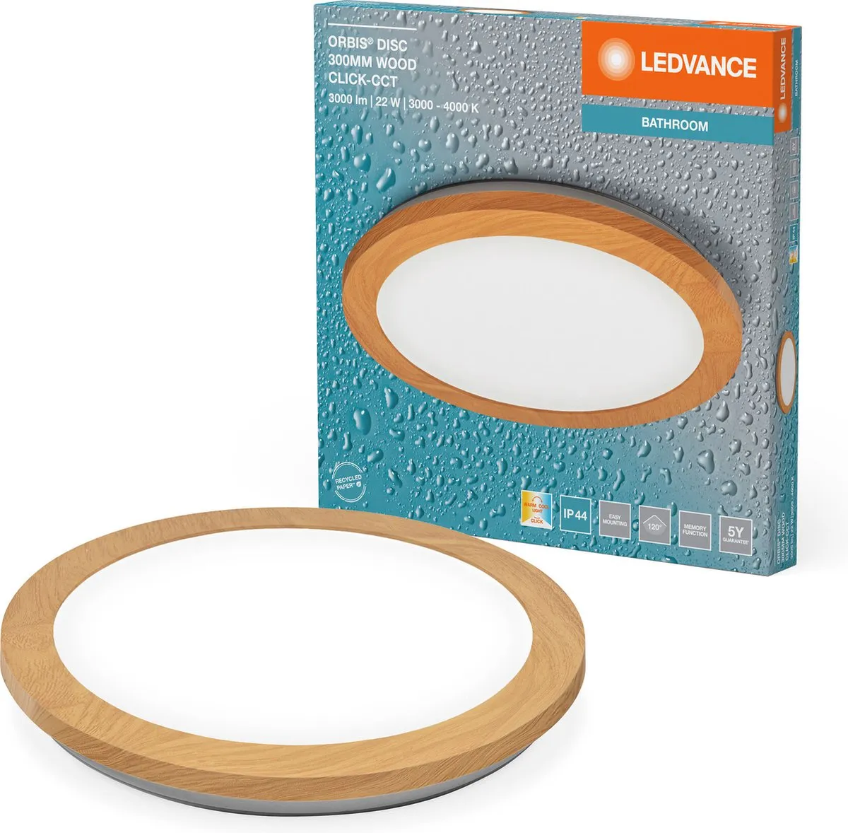 LEDVANCE Orbis Disc Wandlamp 22W 1800lm Click CCT - Hout 30x30cm IP44