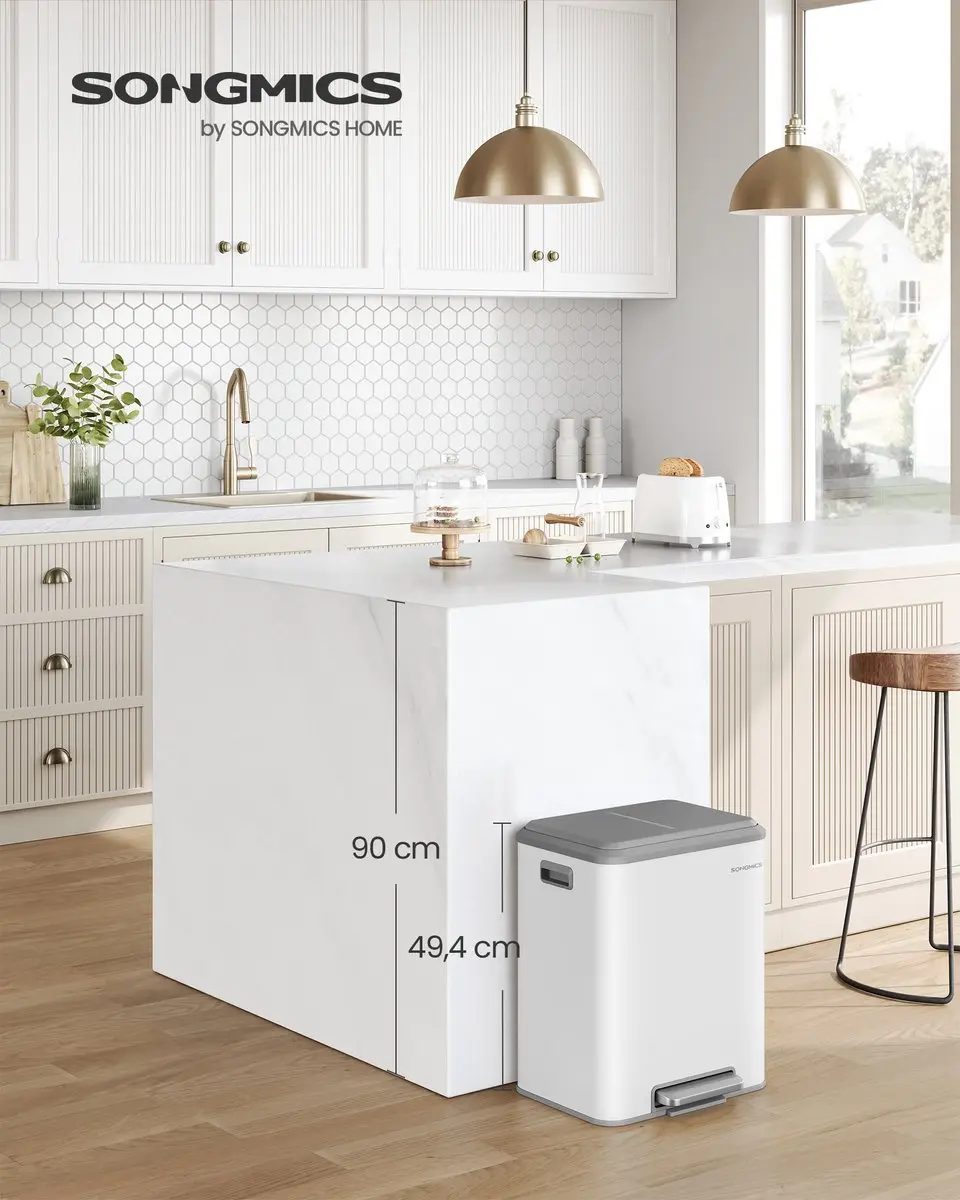 Songmics LTB544W02 Prullenbak Keuken 15L - 2 Stalen Inzetbakken - Softclose Wit - afbeelding 6 van 6