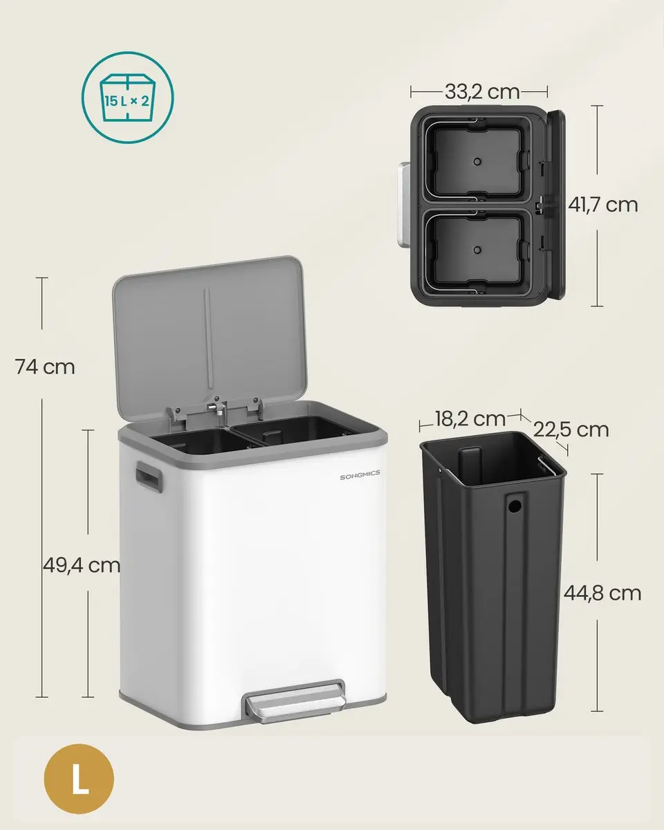 Songmics LTB544W02 Prullenbak Keuken 15L - 2 Stalen Inzetbakken - Softclose Wit