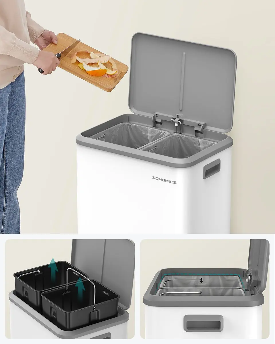 Songmics LTB544W02 Prullenbak Keuken 15L - 2 Stalen Inzetbakken - Softclose Wit