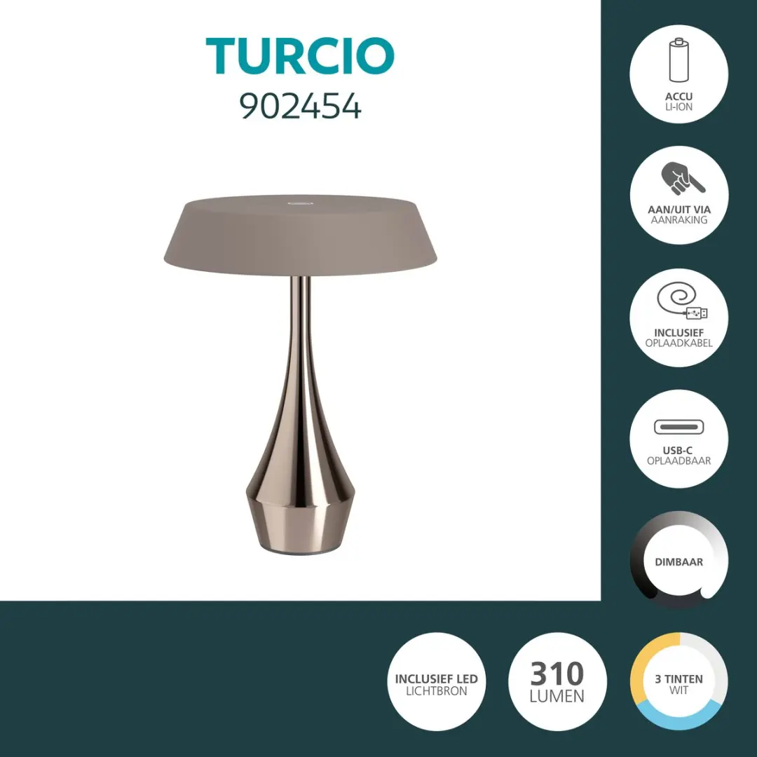 Eglo Turcio Oplaadbare Tafellamp 20cm - Donker Brons - Instelbaar wit licht