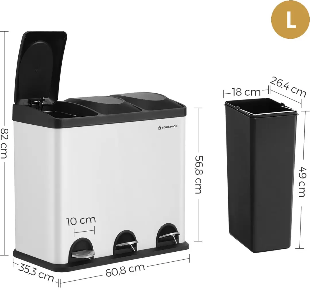 Songmics LTB54W Prullenbak Keuken 54L - 3 Vakken - Wit-Zwart