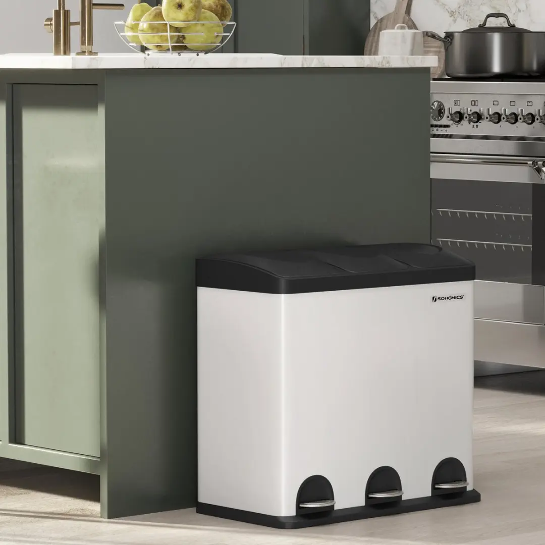 Songmics LTB54W Prullenbak Keuken 54L - 3 Vakken - Wit-Zwart