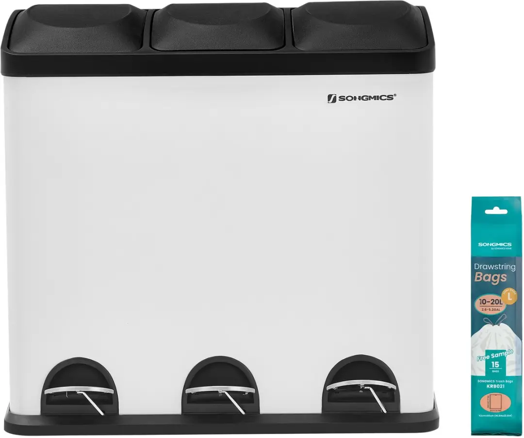 Songmics LTB54W Prullenbak Keuken 54L - 3 Vakken - Wit-Zwart