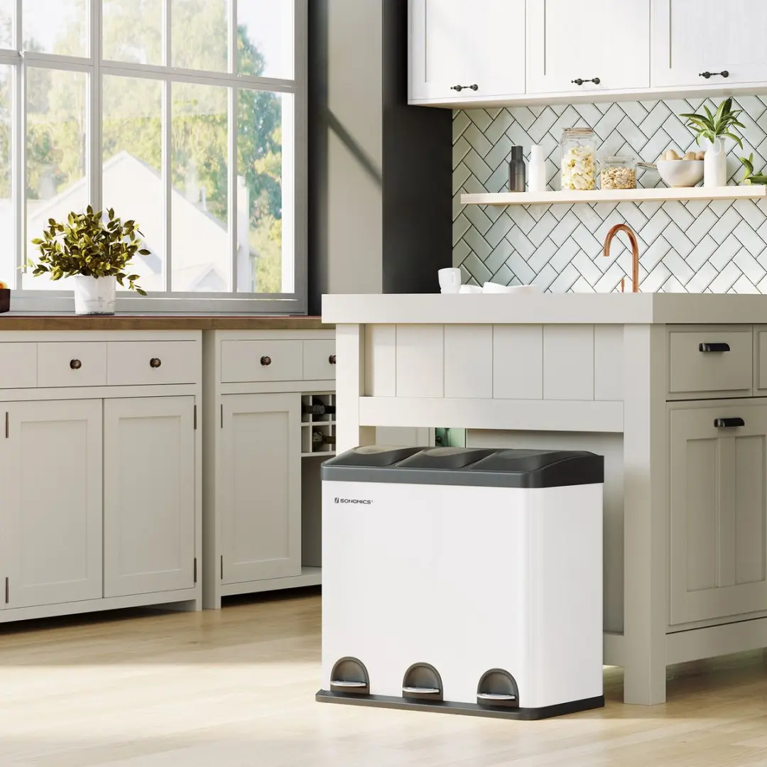 Songmics LTB54W Prullenbak Keuken 54L - 3 Vakken - Wit-Zwart