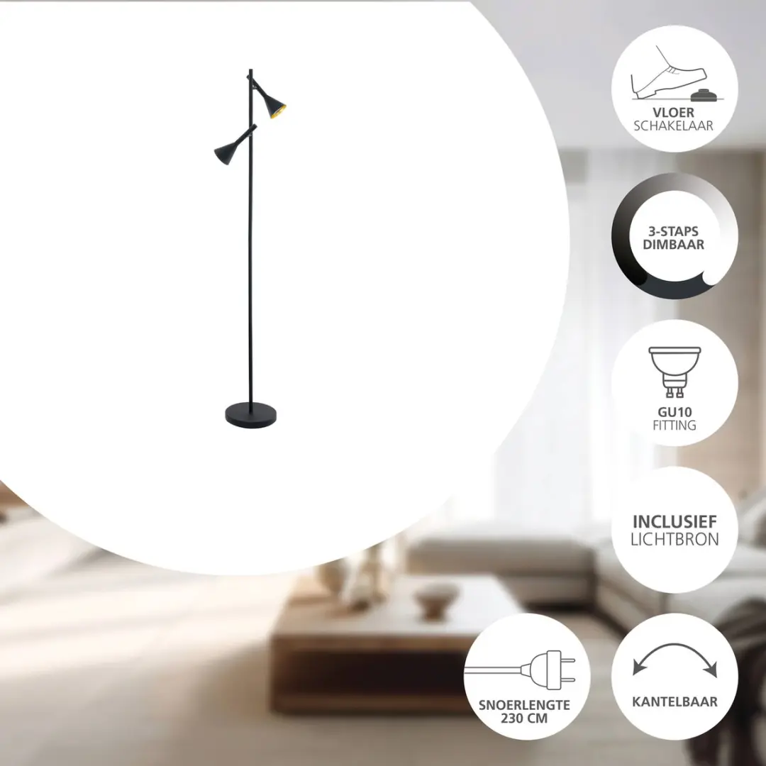 Eglo Cortaderas Vloerlamp GU10 - 144,5cm - Zwart/Goud - Dimbaar