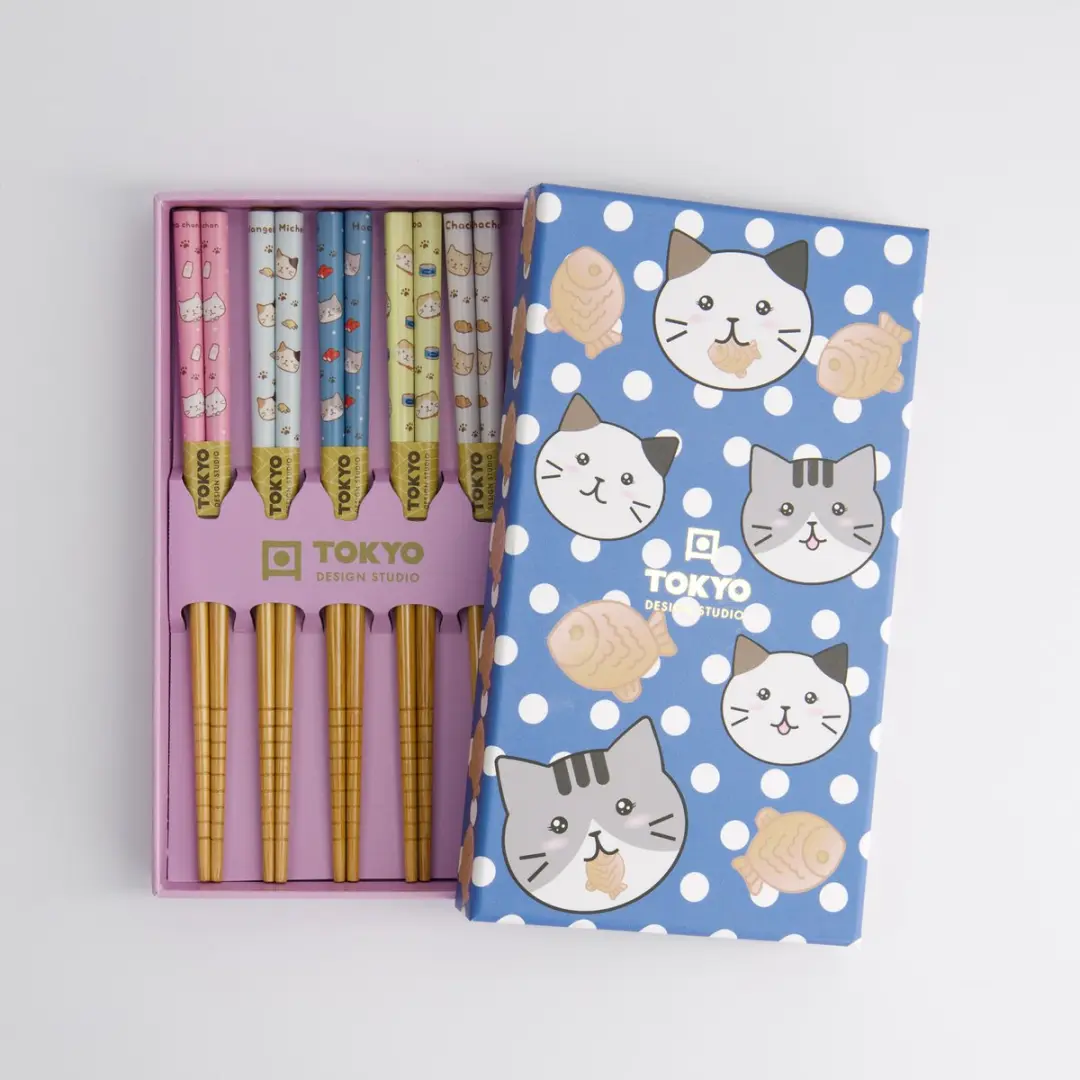 Tokyo Design Studio Kinder Eetstokjes Set - 5 Stuks - Katten Tayaki