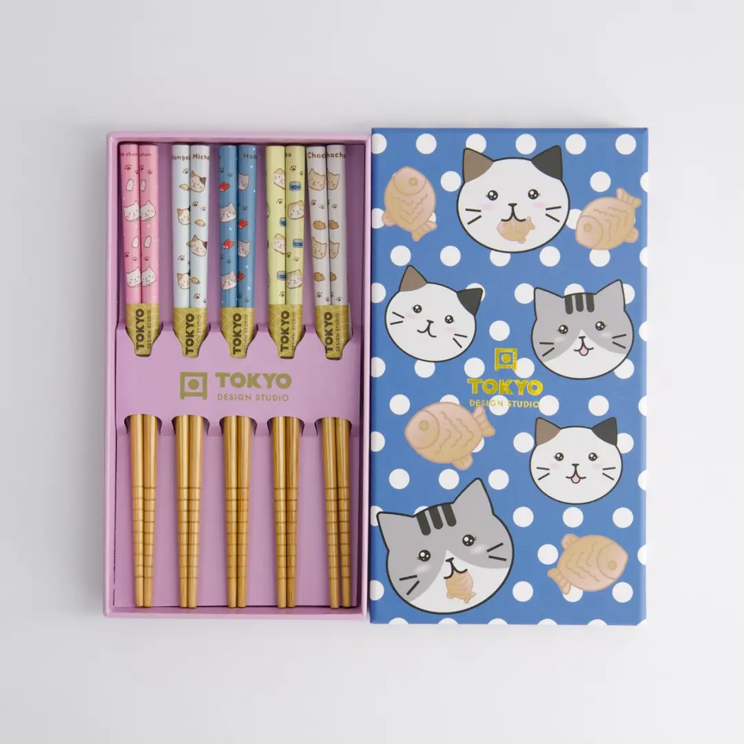 Tokyo Design Studio Kinder Eetstokjes Set - 5 Stuks - Katten Tayaki