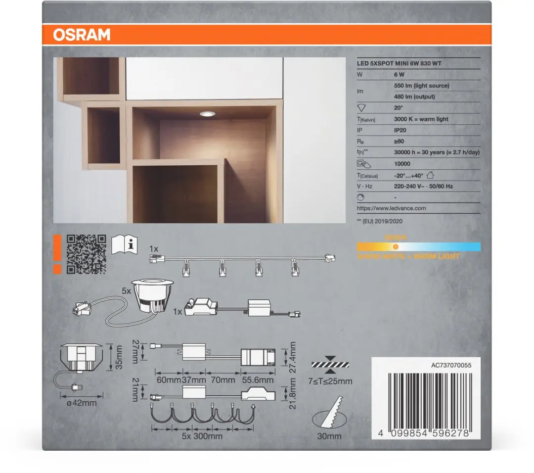 Osram Mini Spot LED Inbouwspot 6W 42mm - 5 Stuks - 480lm Warm Wit 3000K