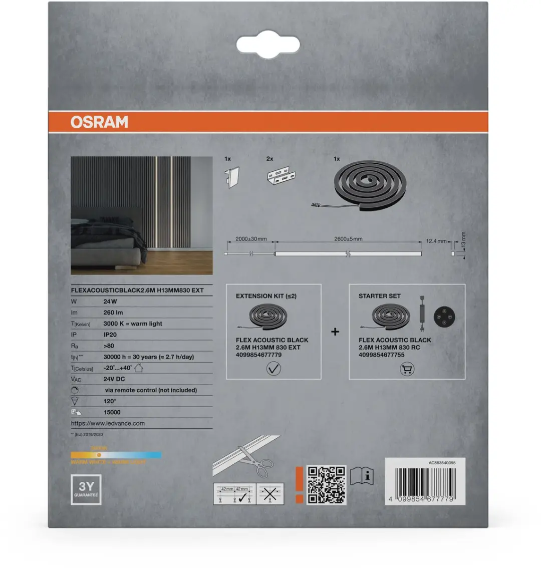 Osram Flex Acoustic LED-strips 2,6m 24W - 260lm 3000K - Uitbreidingsset - Mat zwart