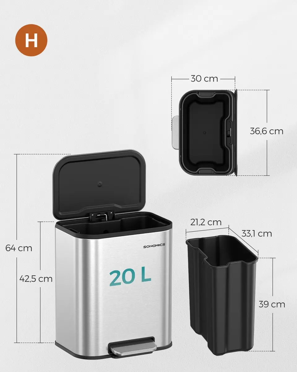 Songmics LTB542E20 Prullenbak 20L - Zilver - Softclose