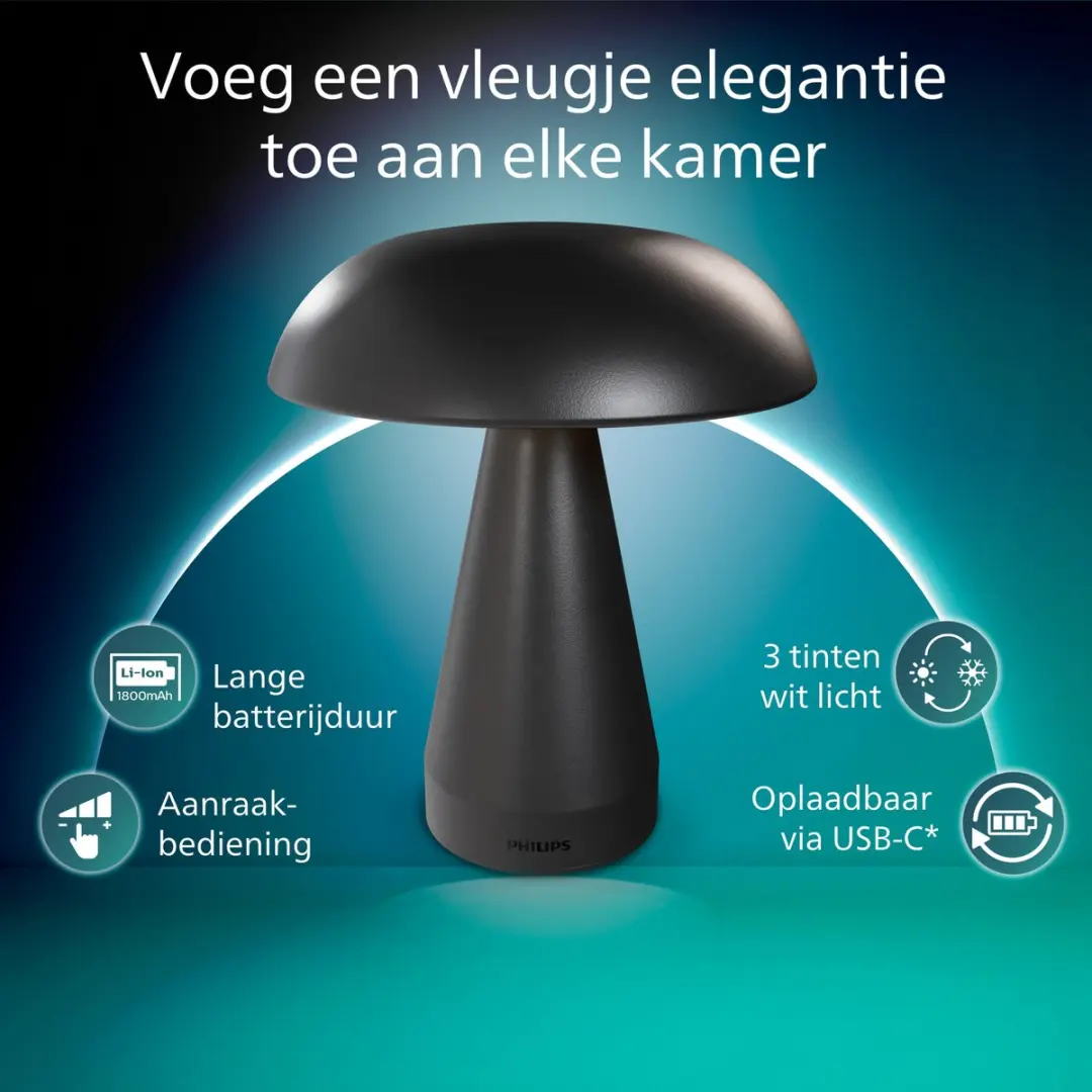 Philips Mycena Tafellamp - 2W - Instelbare kleurtemperatuur - Zwart