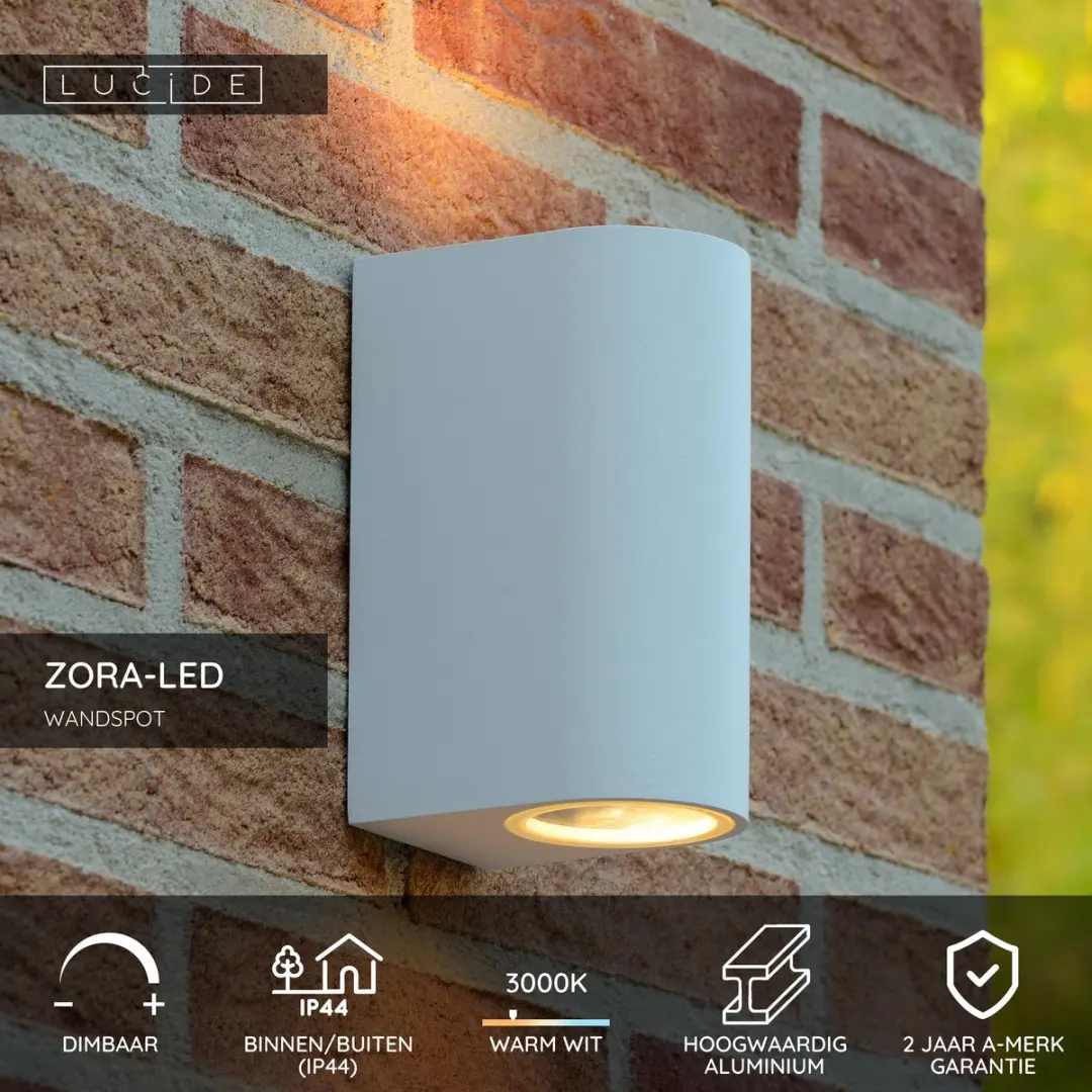 Lucide ZORA-LED Wandspot 2x5W 3000K - IP44 Wit