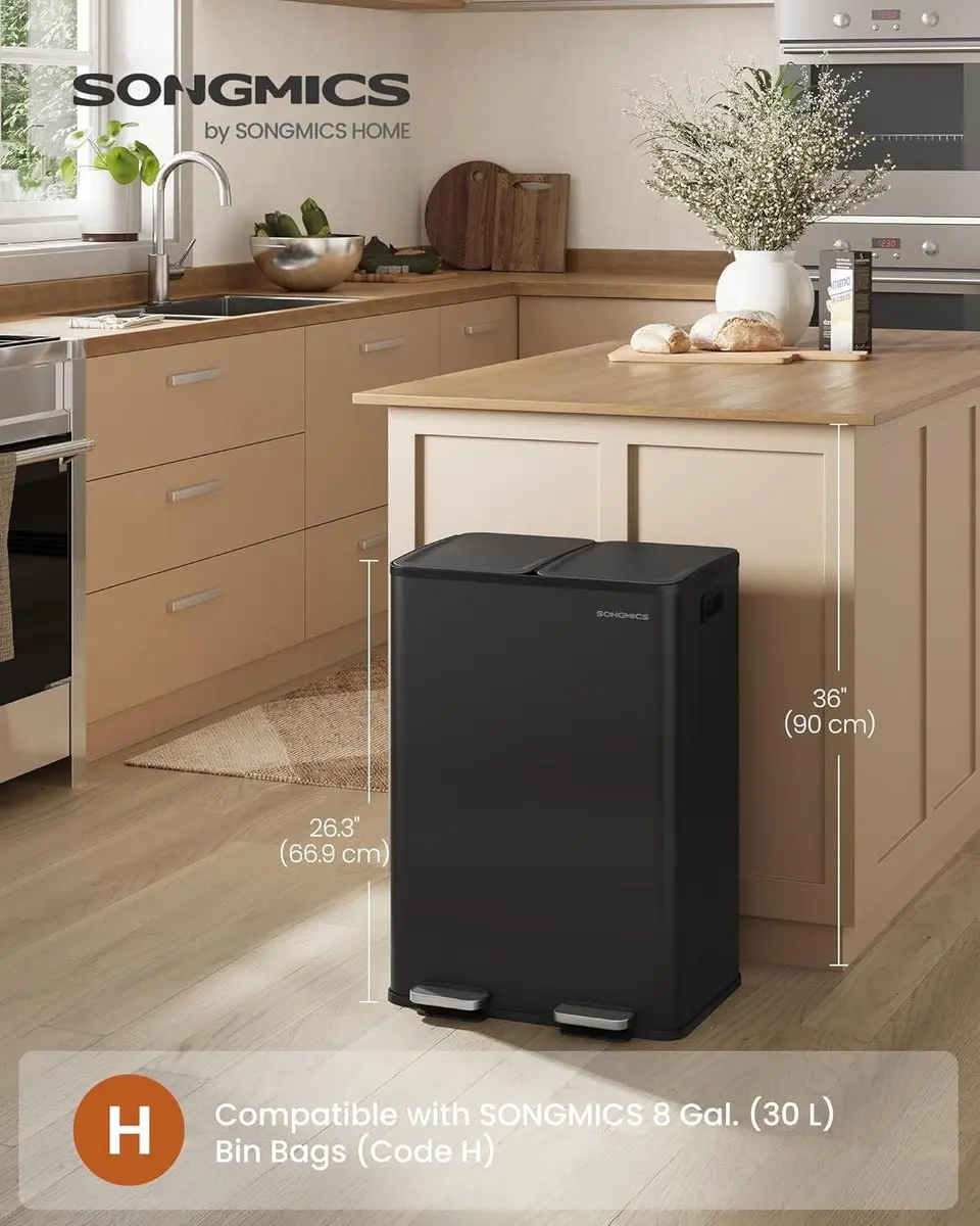Songmics Pedaalemmer 2-vaks 60L - Zwart - 15 Vuilniszakken