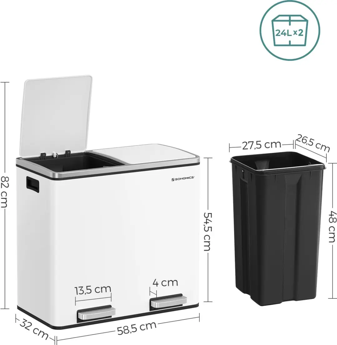 Songmics LTB048WG01 Keukenprullenbak 48L - 2 Vakken - Bruin-Zwart