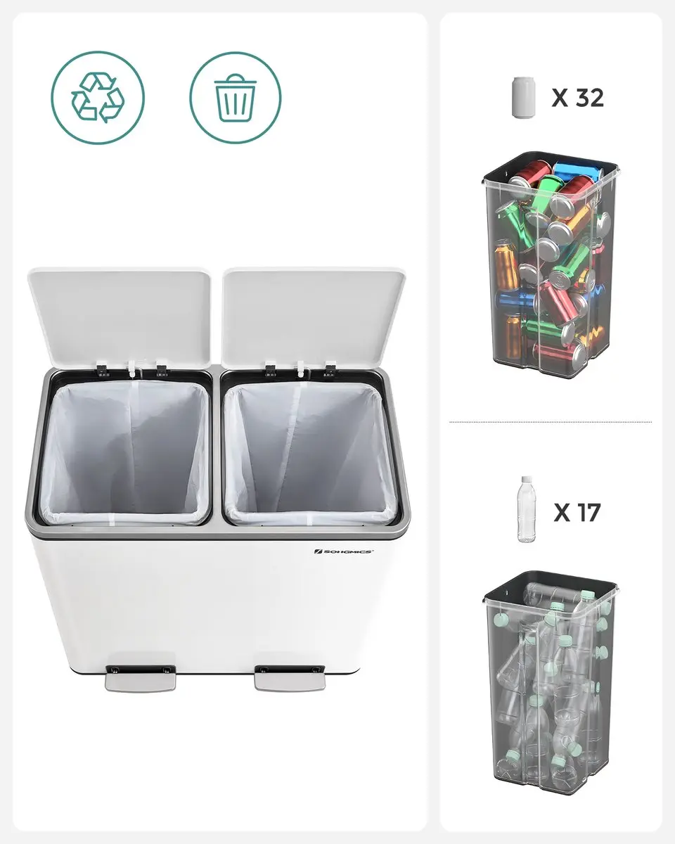 Songmics LTB048WG01 Keukenprullenbak 48L - 2 Vakken - Bruin-Zwart