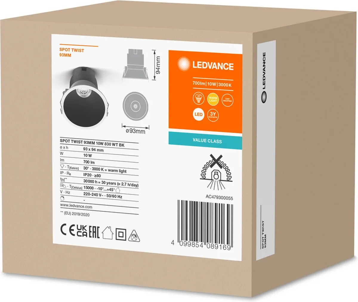 LEDVANCE Spot Twist 93 Inbouwspot 10W 800lm - Wit/Zwart