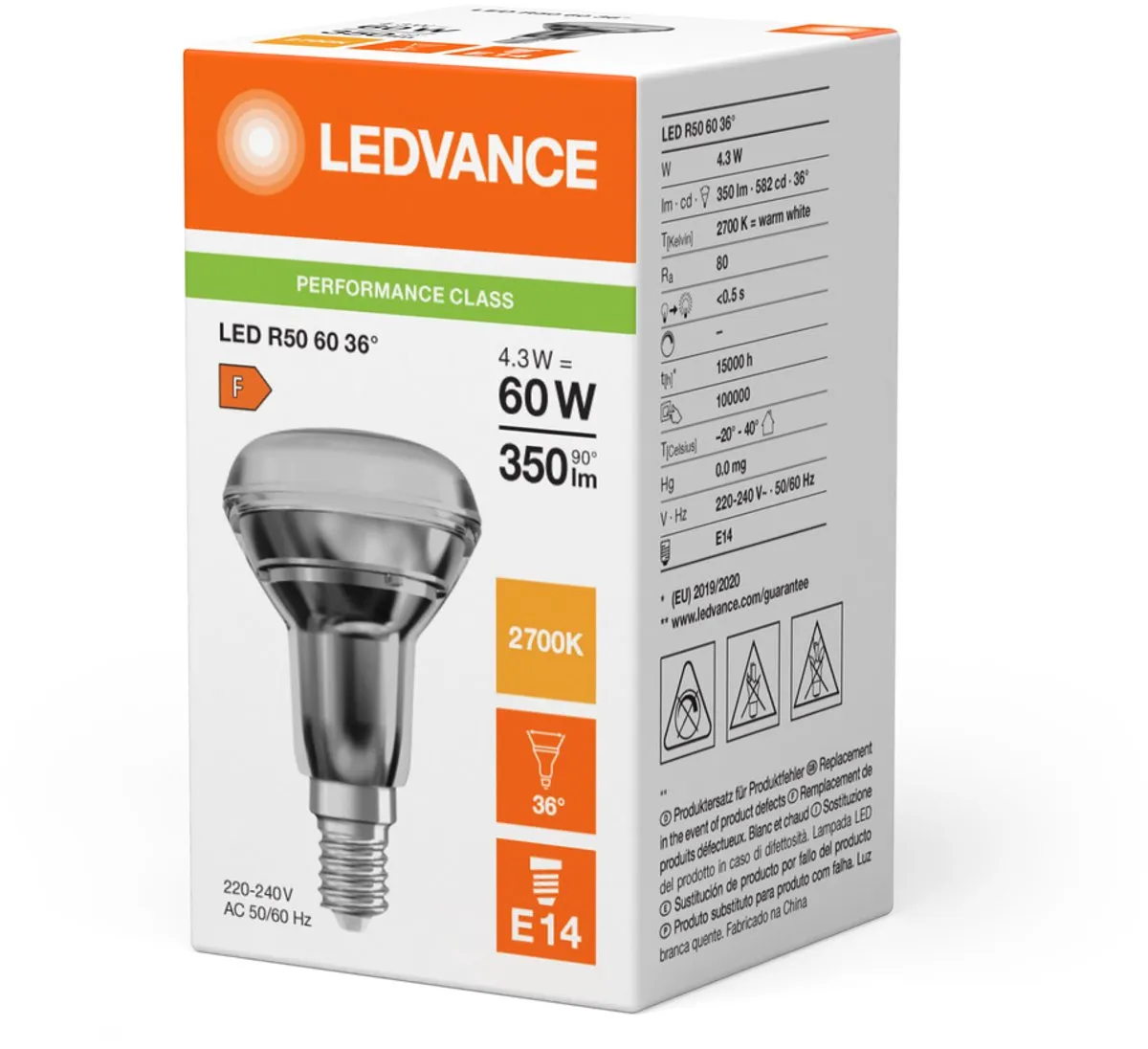 LEDVANCE Performance LED Spot E14 R50 4.3W 350lm - Zeer Warm Wit - afbeelding 3 van 6