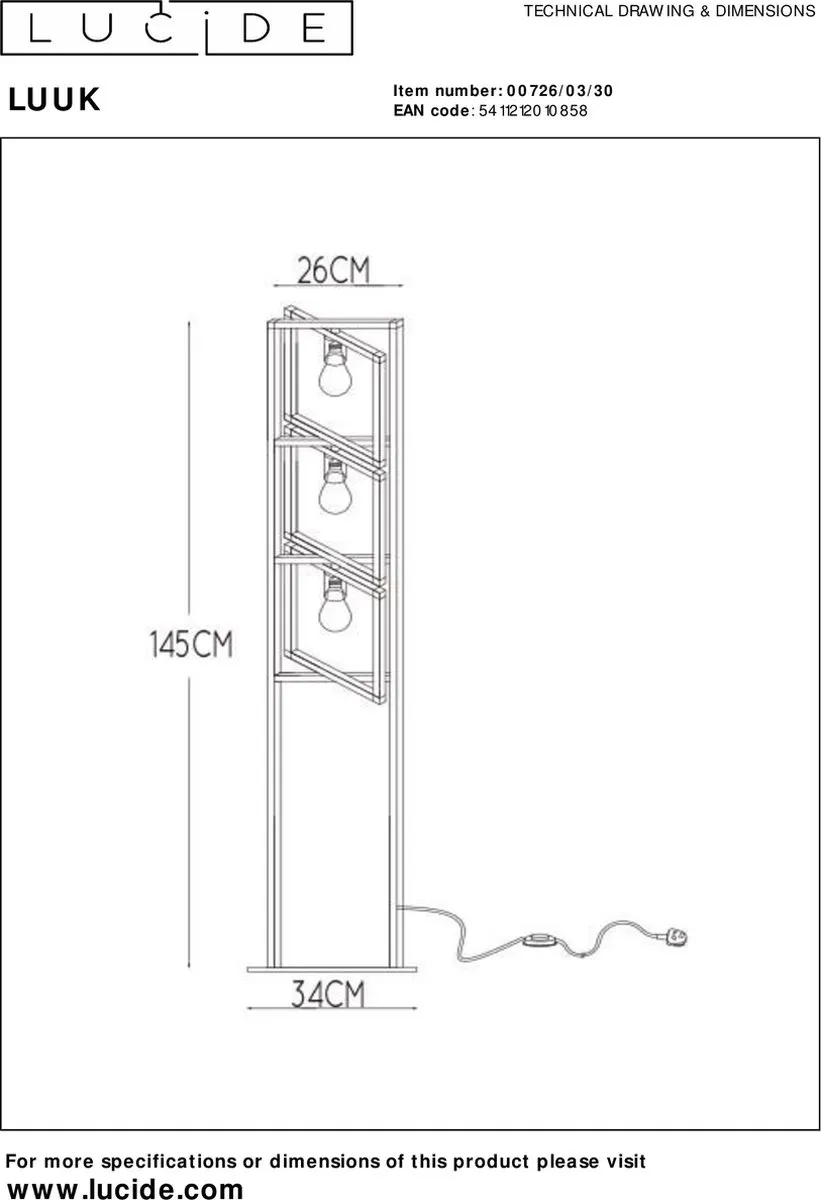 Lucide LUUK Vloerlamp 3xE27 - Zwart - afbeelding 6 van 6