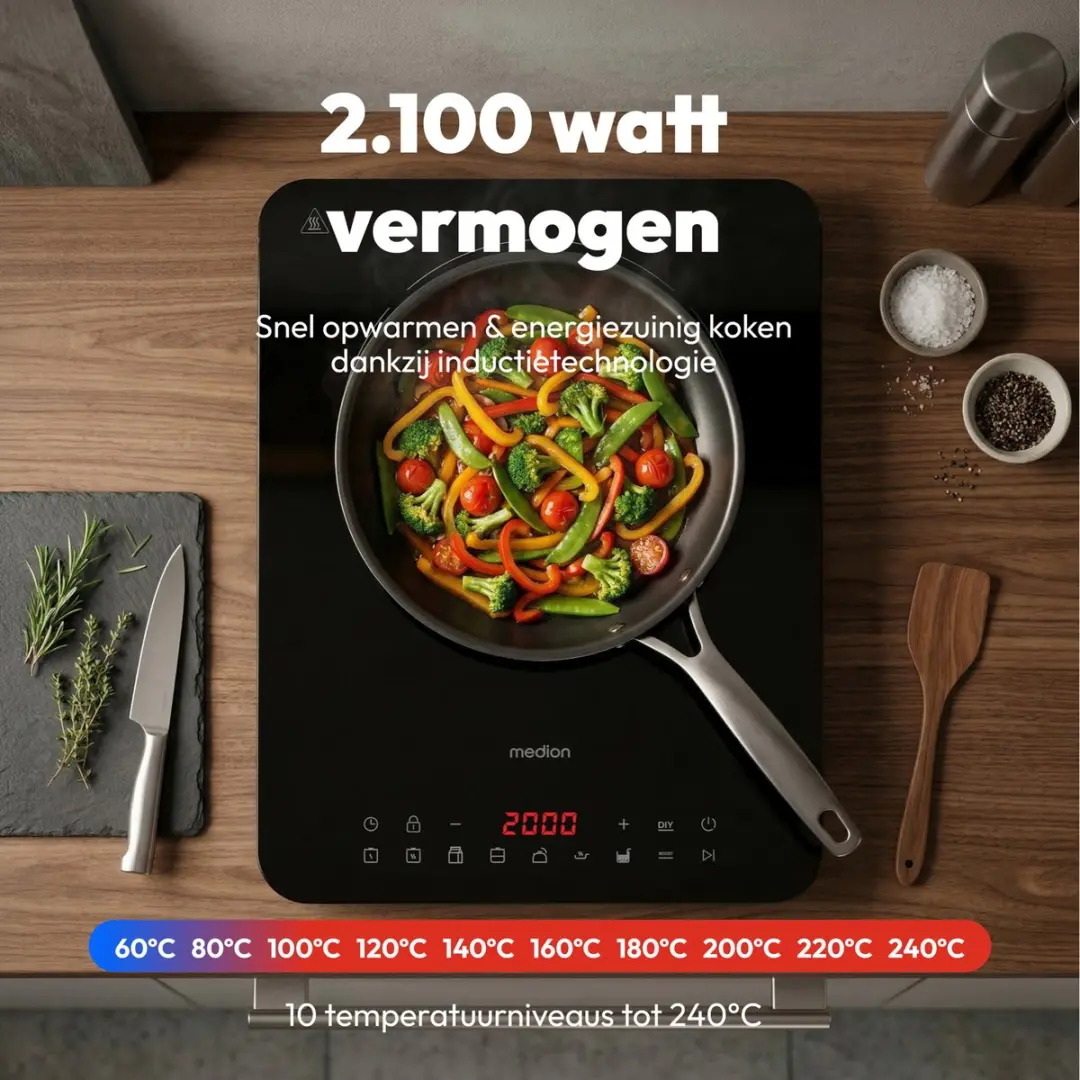 Medion IC10S Inductiekookplaat 2100W - 8 Programma's - MD100090 Zwart