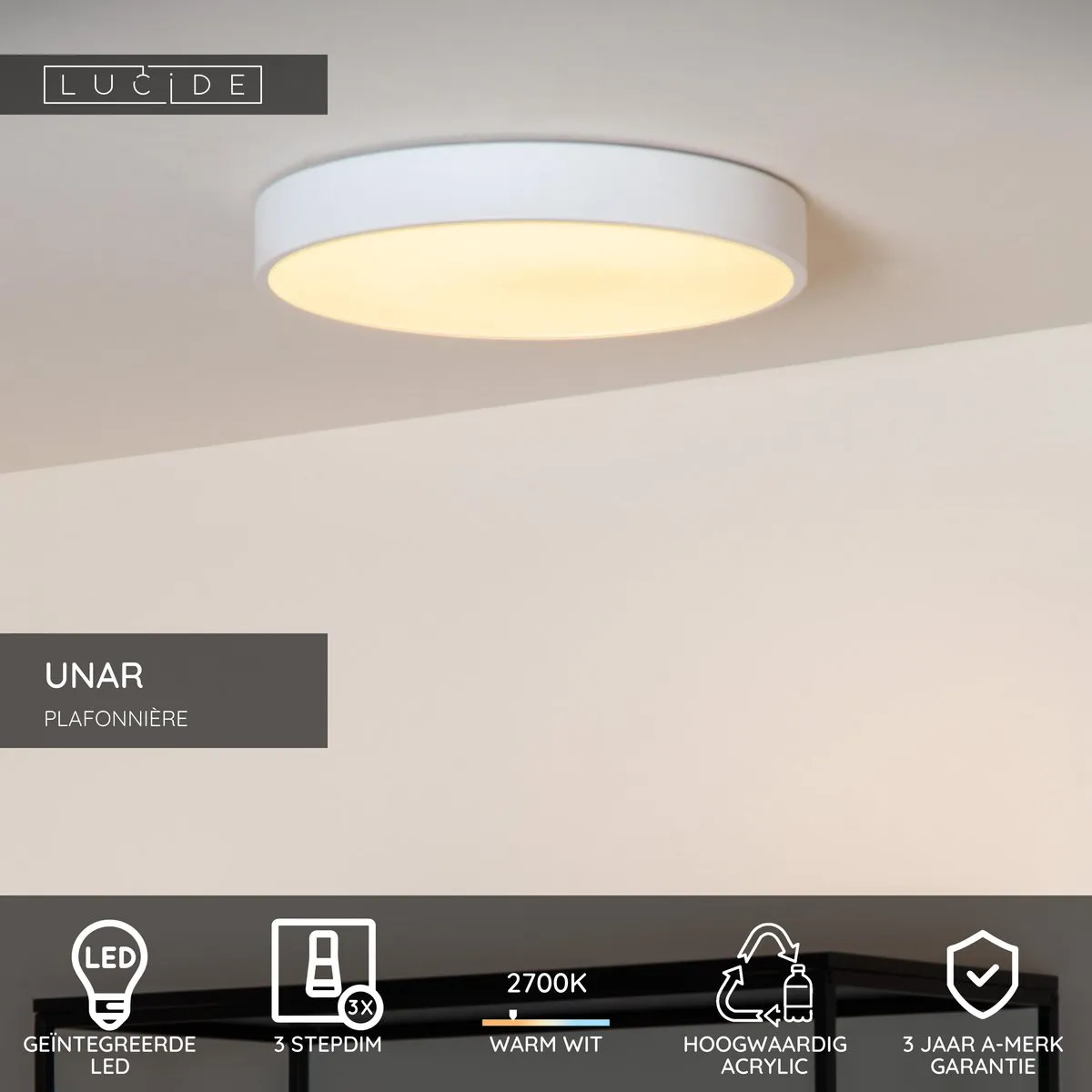 Lucide UNAR Plafondlamp Ø30cm LED 18W 2700K - Wit