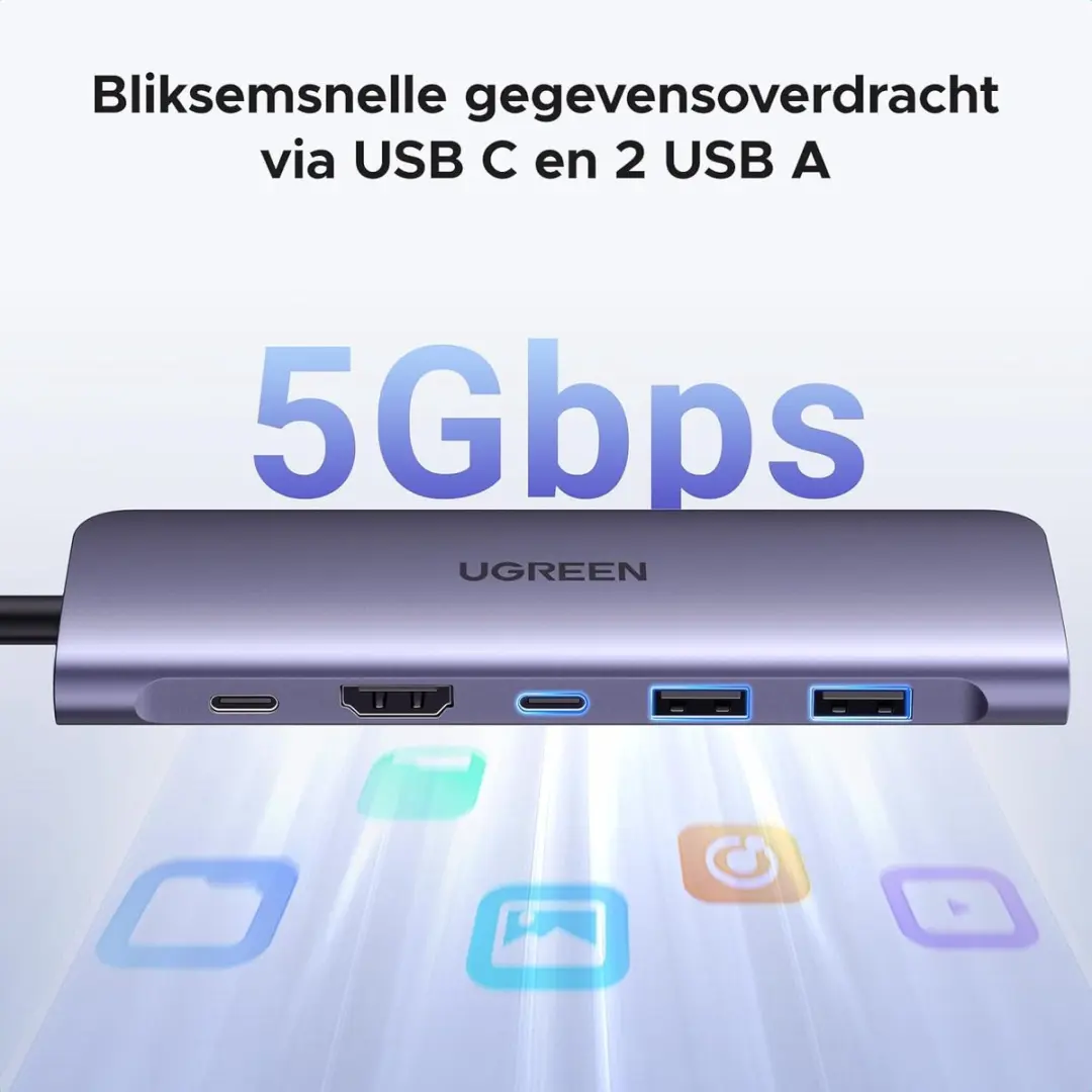 UGREEN Revodok 7-in-1 USB-C Hub - 4K HDMI - 100W PD - Grijs