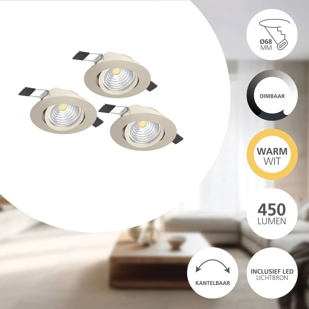 Eglo Saliceto Inbouwspot LED Ø8.8cm Grijs - Set van 3 - afbeelding 6 van 6