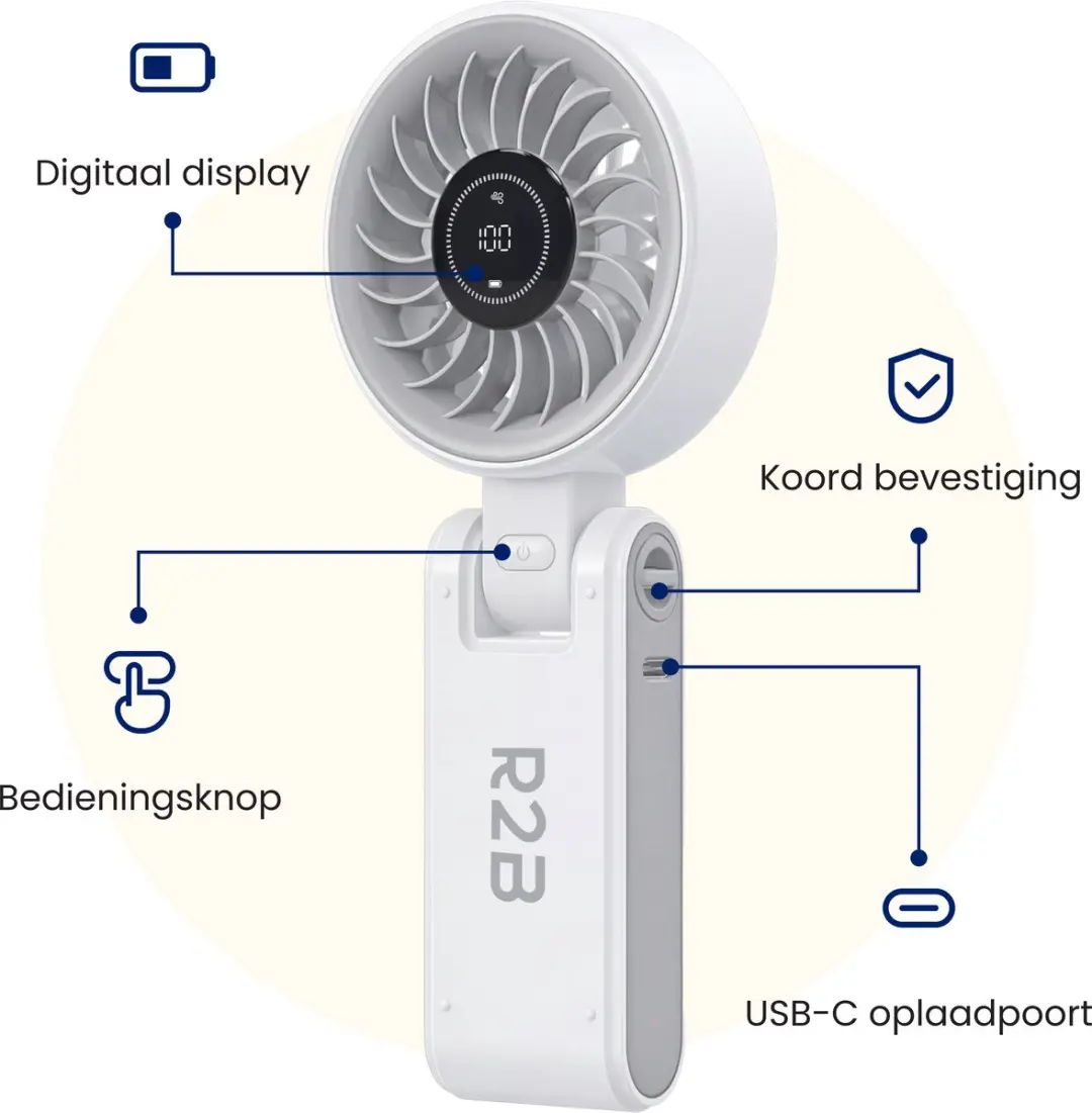 R2B Handventilator HANDV01 - Oplaadbaar 10W - 100 Snelheden - Wit