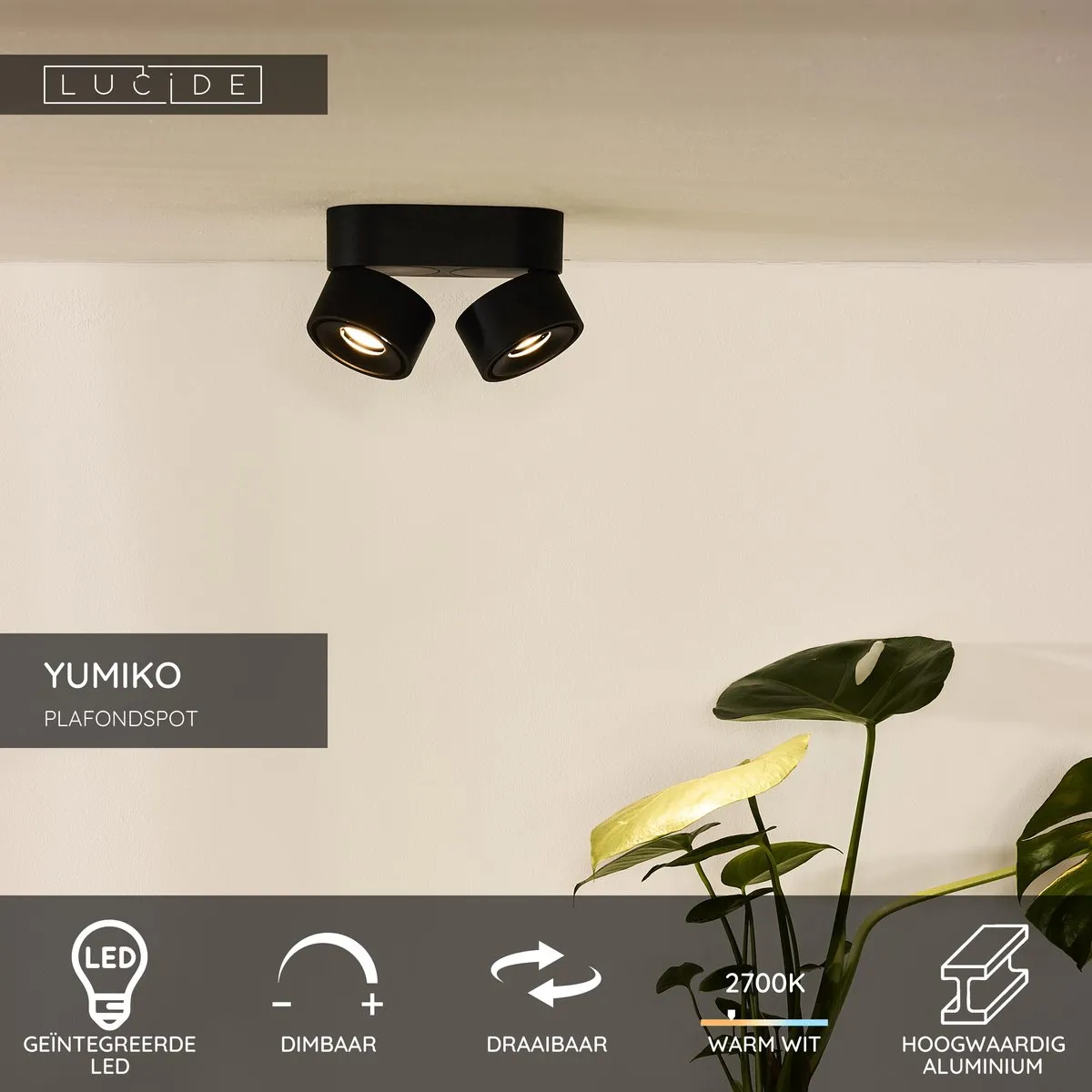 Lucide Yumiko Plafondspot LED 2x10W 2700K - Zwart