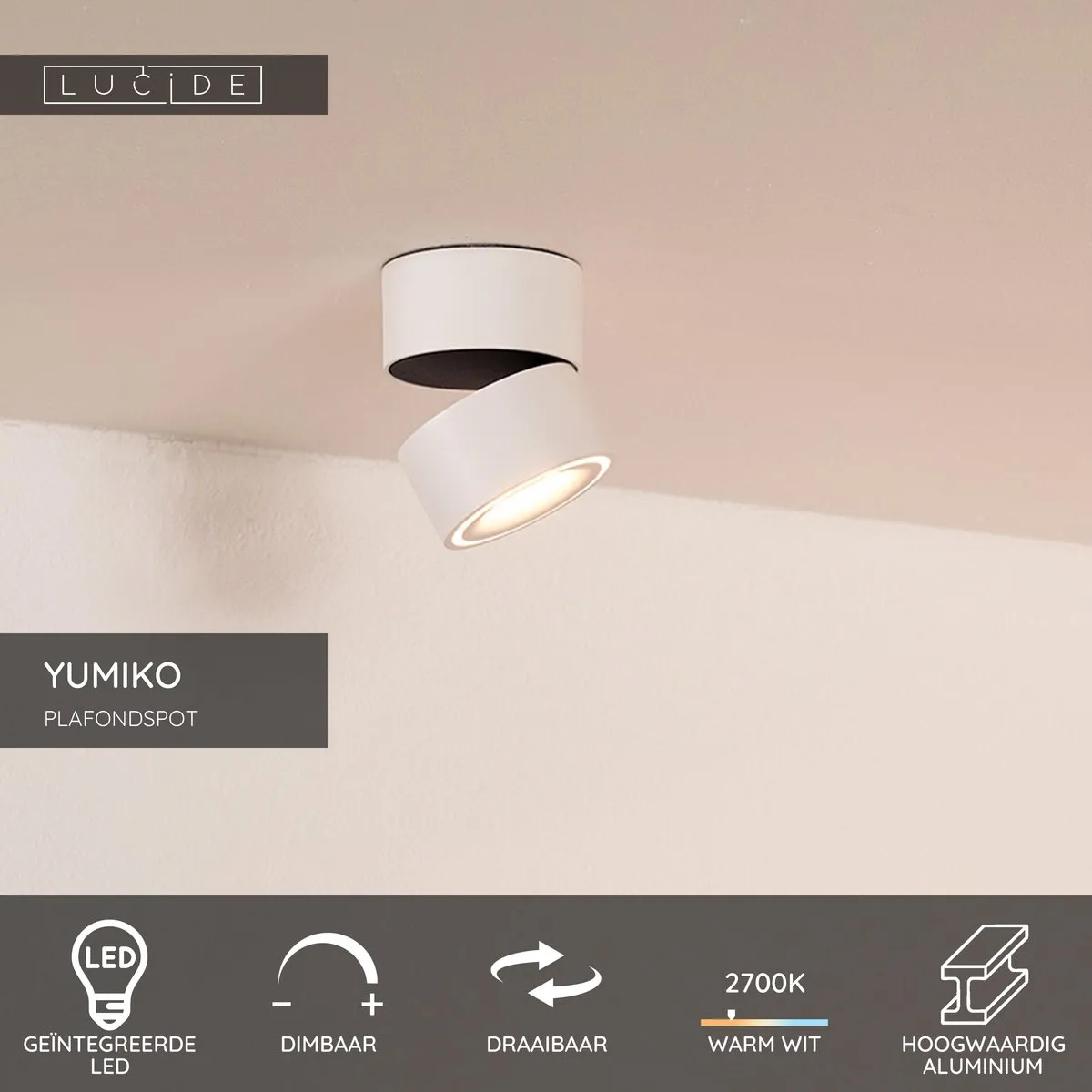 Lucide Yumiko Plafondspot - Ø7,8cm LED 10W 2700K Wit