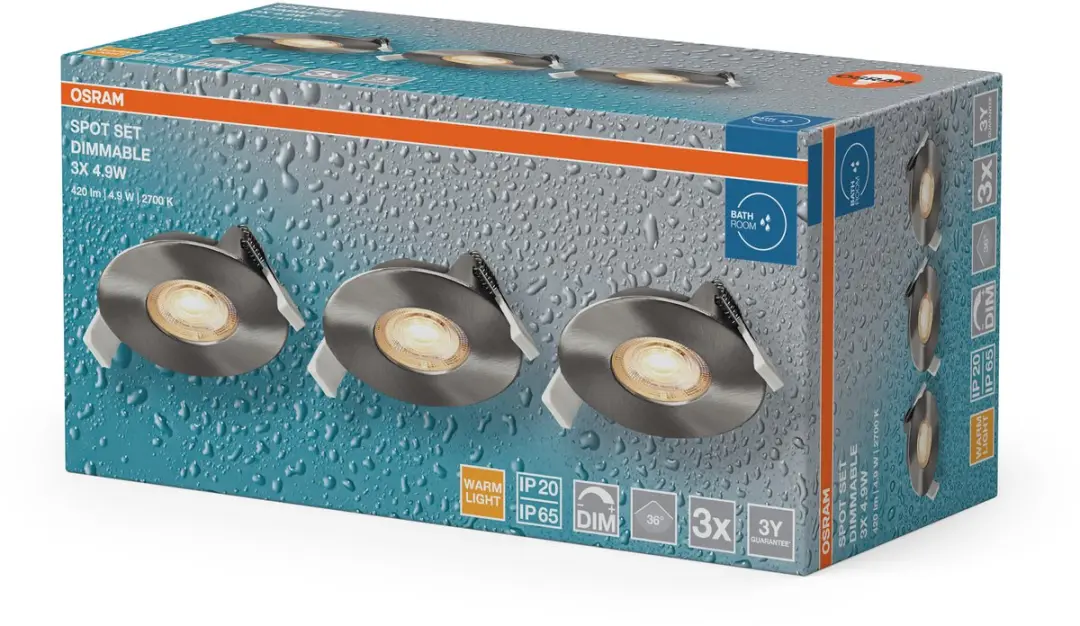 Osram LED Inbouwspot DIM IP65 4,9W Set - 3 Stuks - Satijn nikkel