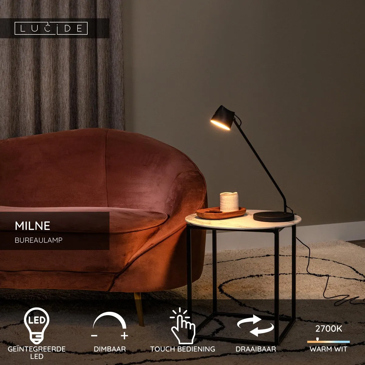 Lucide Milne LED Bureaulamp 8W - Zwart