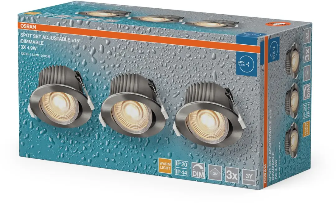 Osram LED Inbouwspot DIM IP44 Richtbaar 4.9W - 3 Stuks - Satijnnikkel