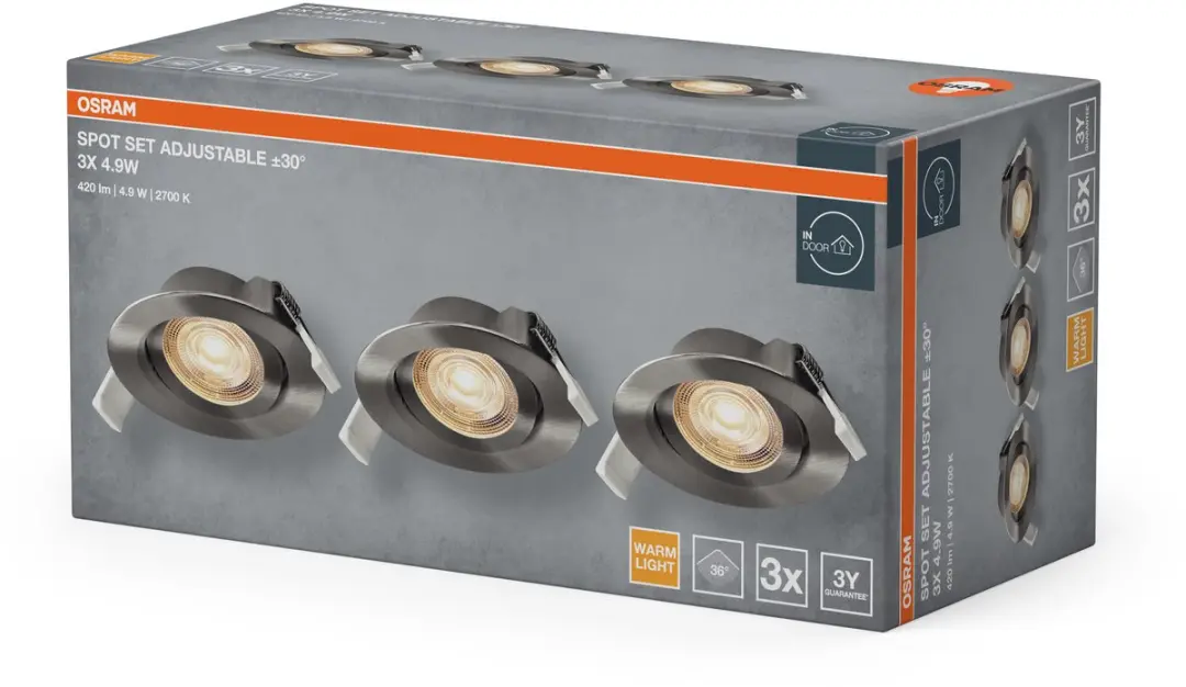 Osram Spot Set LED Inbouwspot 4,9W 2700K - 3 Stuks - Satijn nikkel