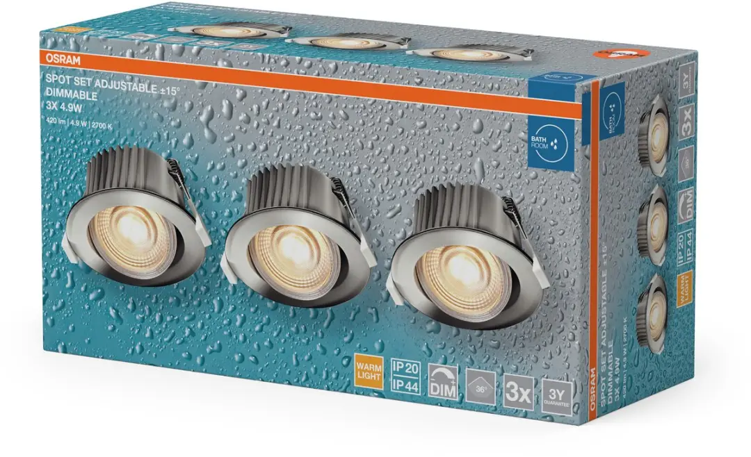 Osram LED Inbouwspot DIM IP44 4,9W Chroom - 3 Stuks