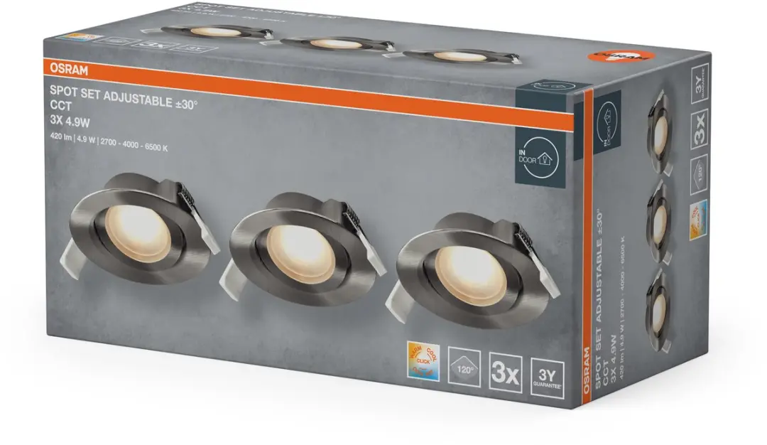 Osram Spot Set LED Inbouwspot 4,9W 2700-6500K - 3 Stuks - Satijn nikkel
