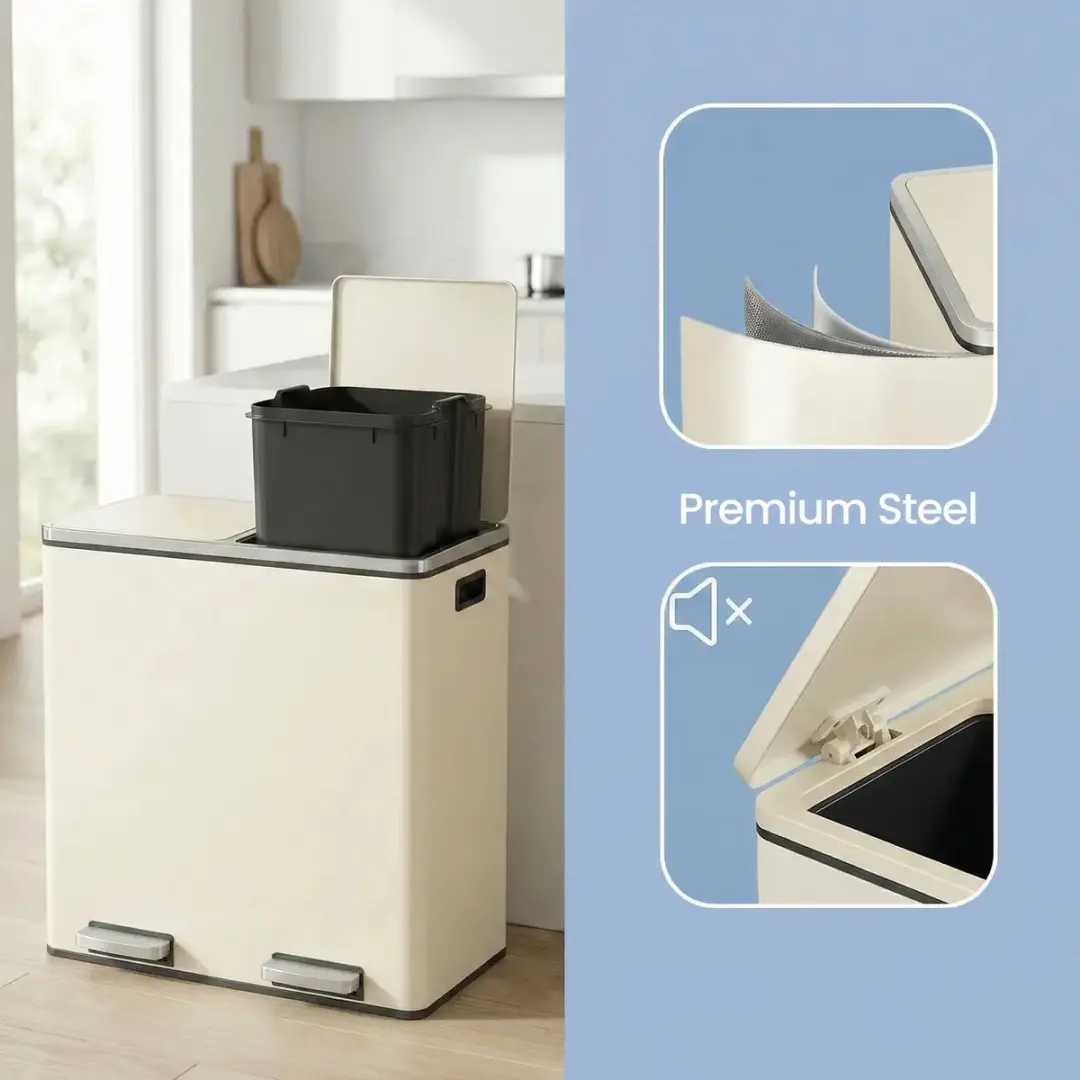 Songmics Prullenbak 60L - 2 Vakken - Beige