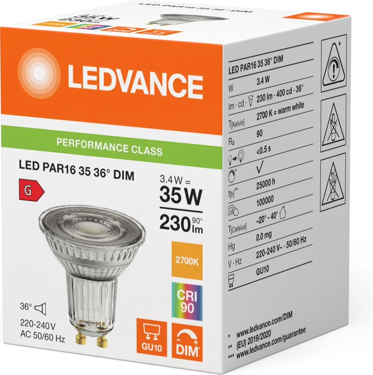 LEDVANCE Performance LED Spot Reflector GU10 3.4W 230lm - 36° - 927 Zeer Warm Wit