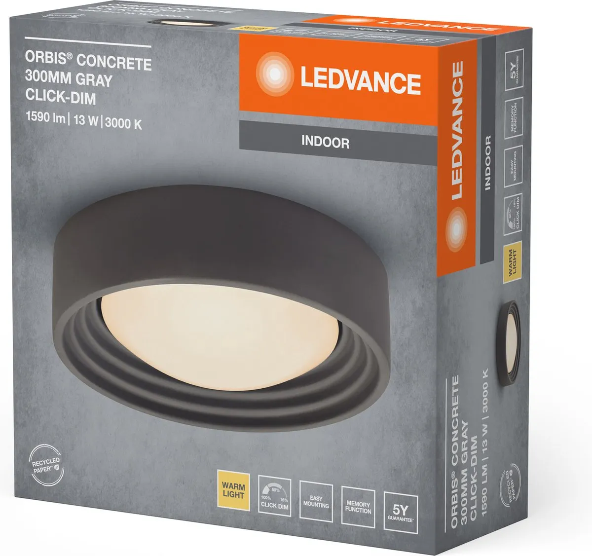 LEDVANCE Orbis Concrete Plafondlamp 13W 800lm - Grijs