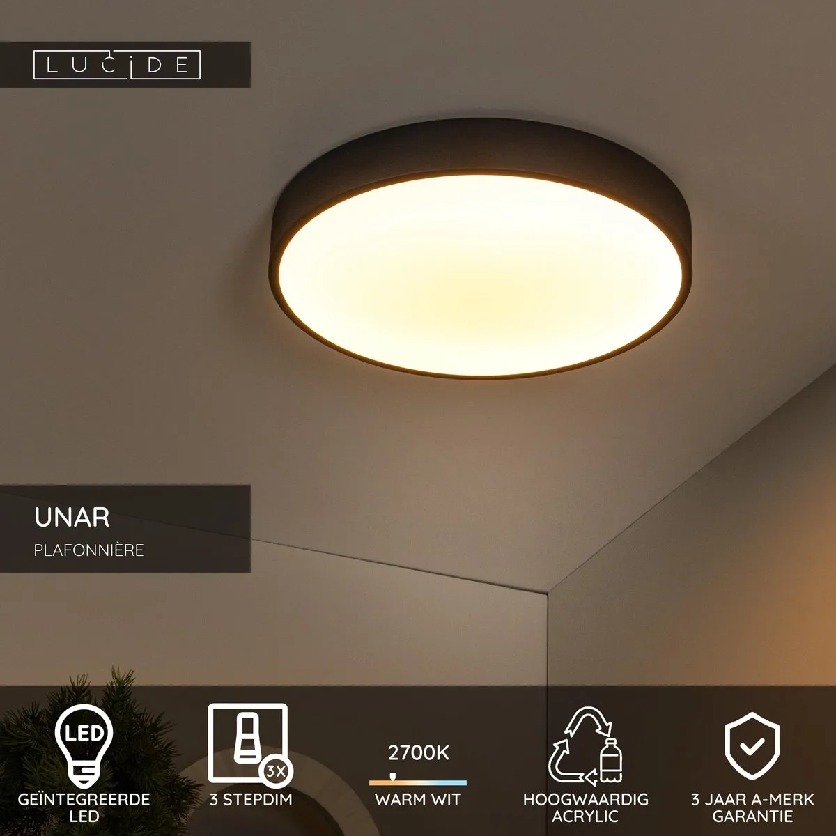 Lucide UNAR Plafondlamp Ø39,5cm - 24W 2700K - Zwart