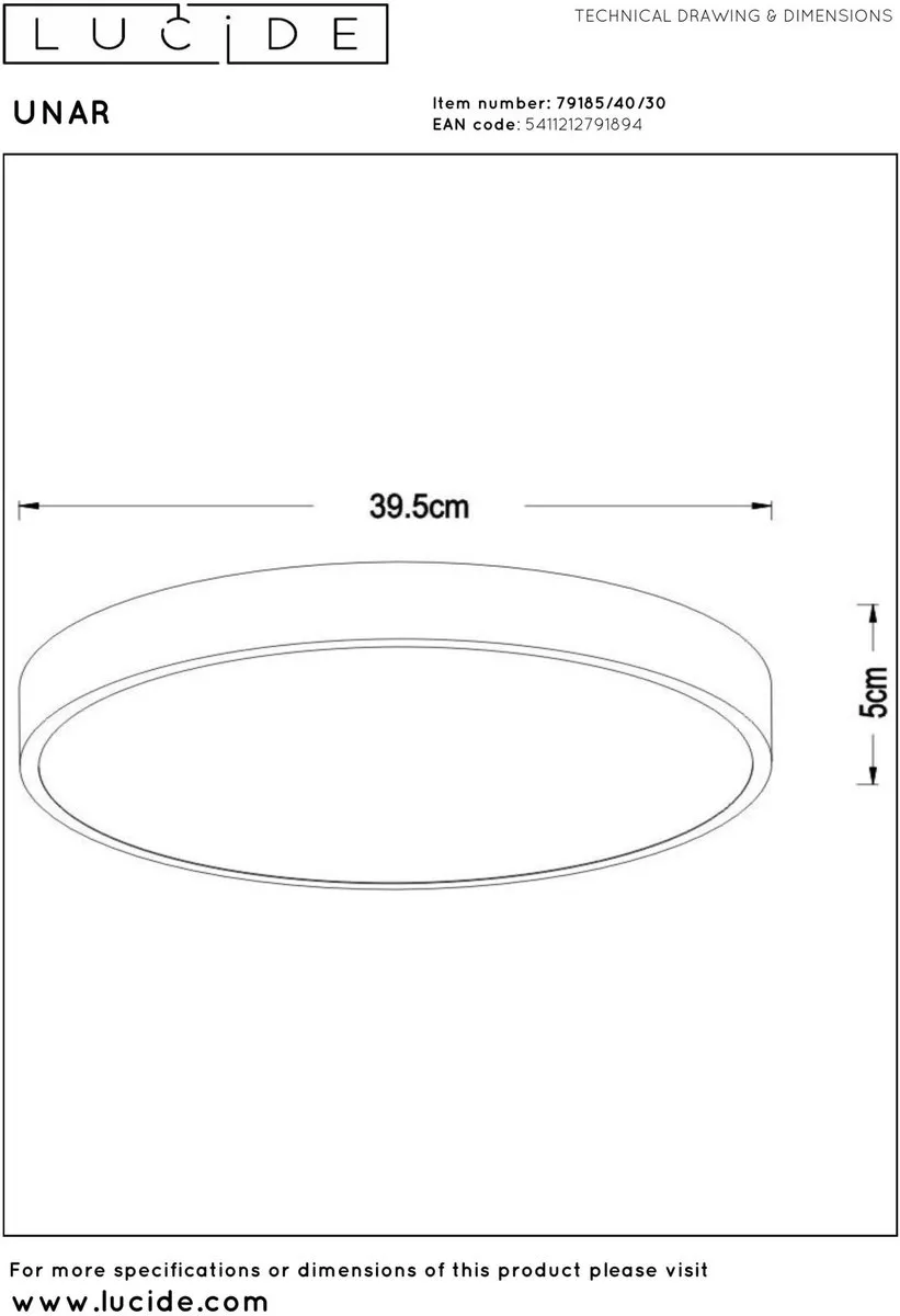 Lucide UNAR Plafondlamp Ø39,5cm - 24W 2700K - Zwart - afbeelding 6 van 6