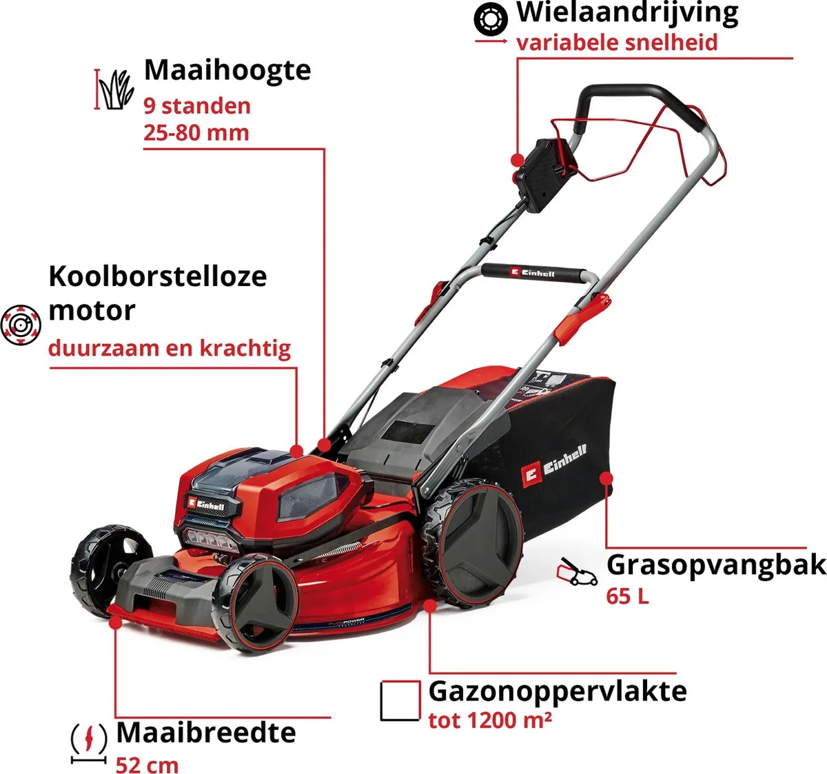 Einhell Professional GP-CM 36/52 S BL Li Grasmaaier - 52cm - 4x Accu 5.2Ah - 65L