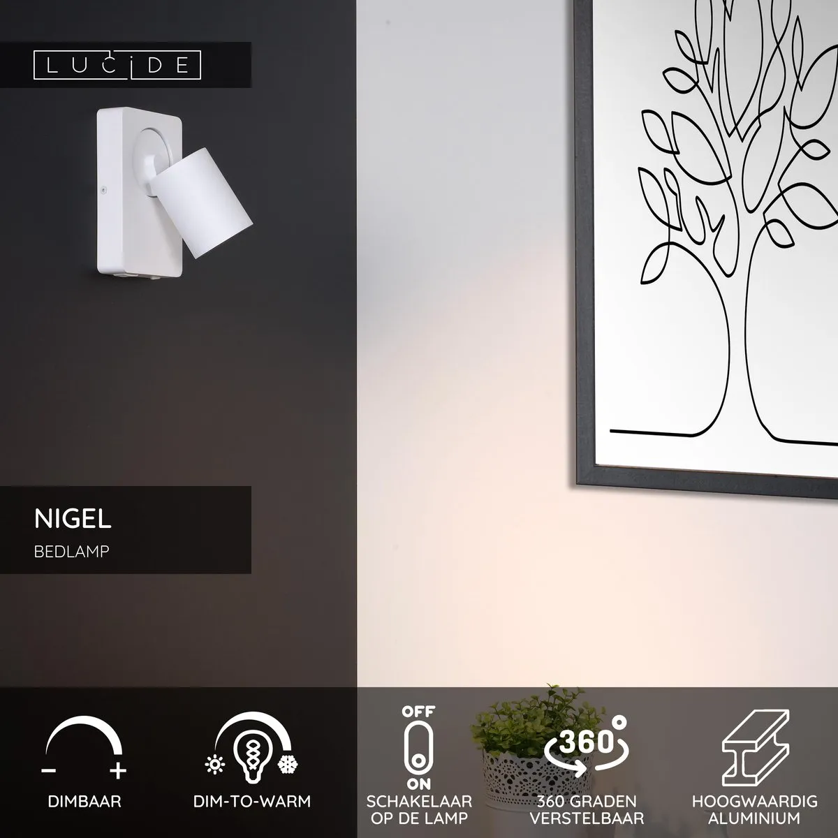 Lucide Nigel Bedlamp Wandlamp GU10 5W 2200K/3000K - Wit