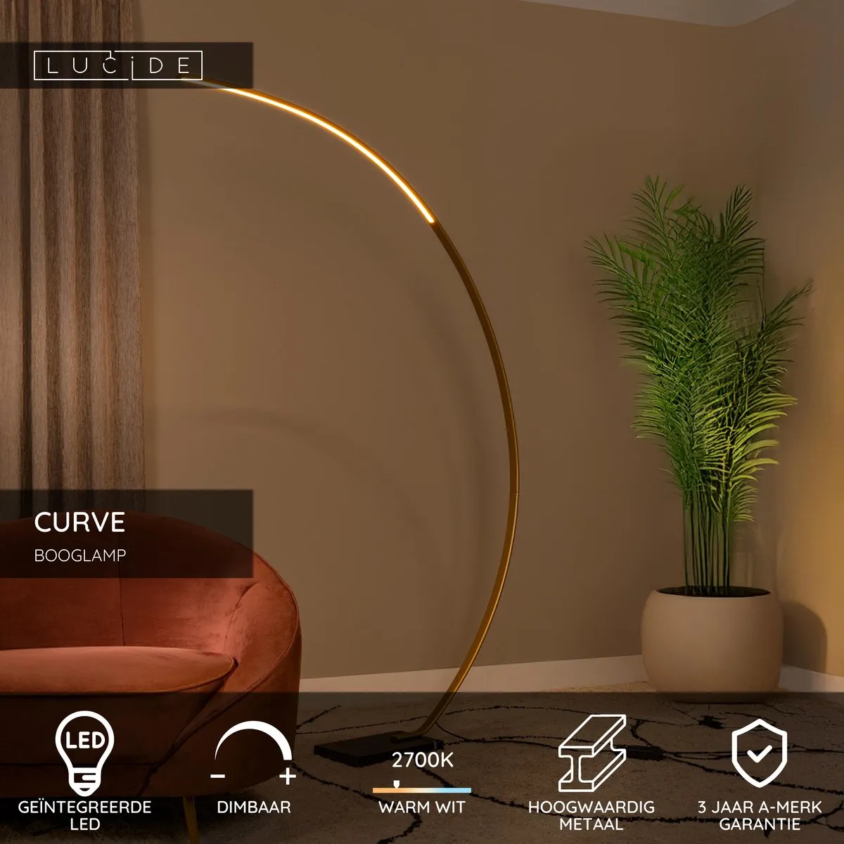 Lucide Curve Booglamp LED 15W 2700K - Mat Goud/Messing