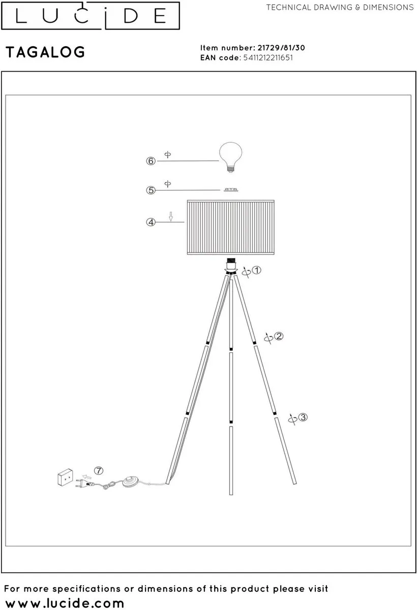 Lucide Tagalog Vloerlamp Ø55cm - 1xE27 - Zwart