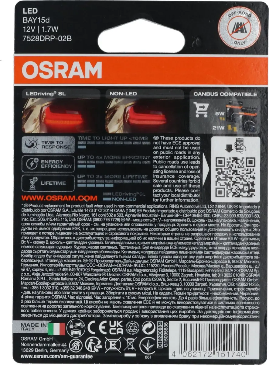 Osram LED P21/5W BAY15d 12V - Rood - 2 Stuks