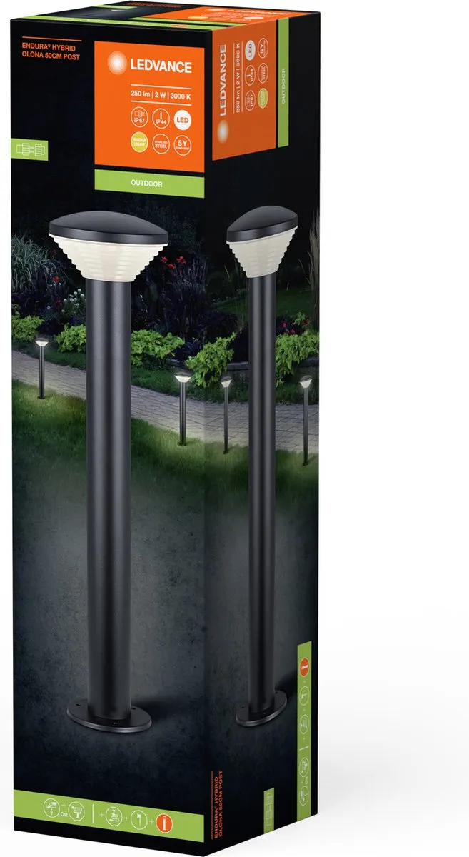 LEDVANCE ENDURA HYBRID OLONA buitenlant., hybrideverl., 2W, 140lm, warm witte lichtkleur, 3.000K kleurtemperatuur, donkergrijs, edelstaal, beschermingsklasse IP44 en IP67, zonne-energie en netvoeding