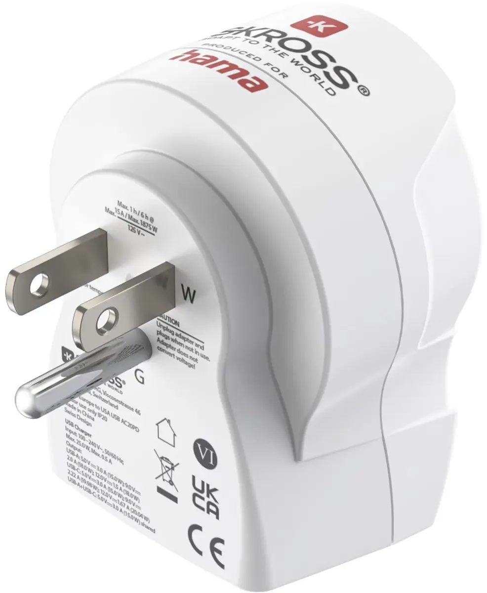 Hama Reisstekker 00223479 USA Type B - 1x USB-A 1x USB-C PD Wit - afbeelding 4 van 5